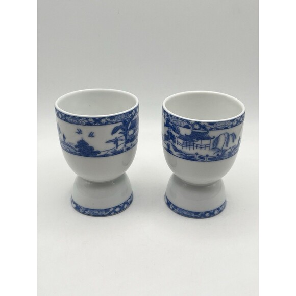 Vintage Royal Satsuma Nippon Blue White Egg Cups Japan Porcelain Set of 2 Used - Picture 2 of 6